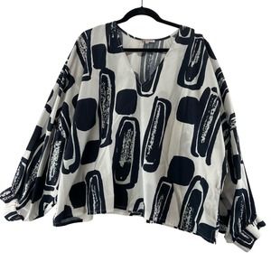 Frances Valentine Black White Print Top Size 1X Cotton